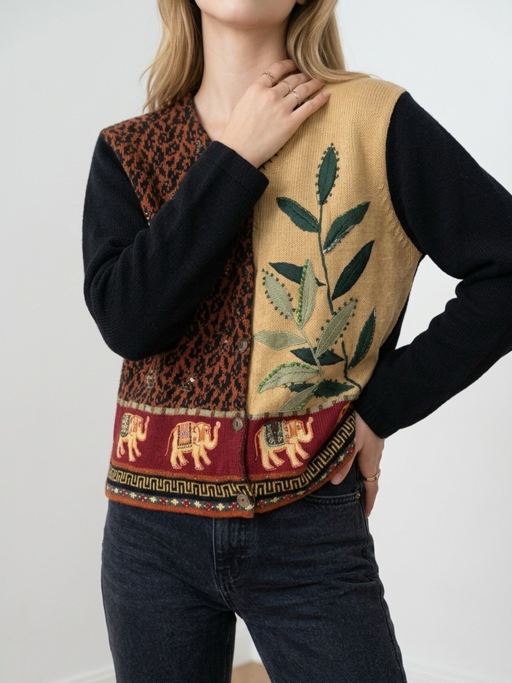 Multicolor Women's Cardigan with Elephant and Leaf Design